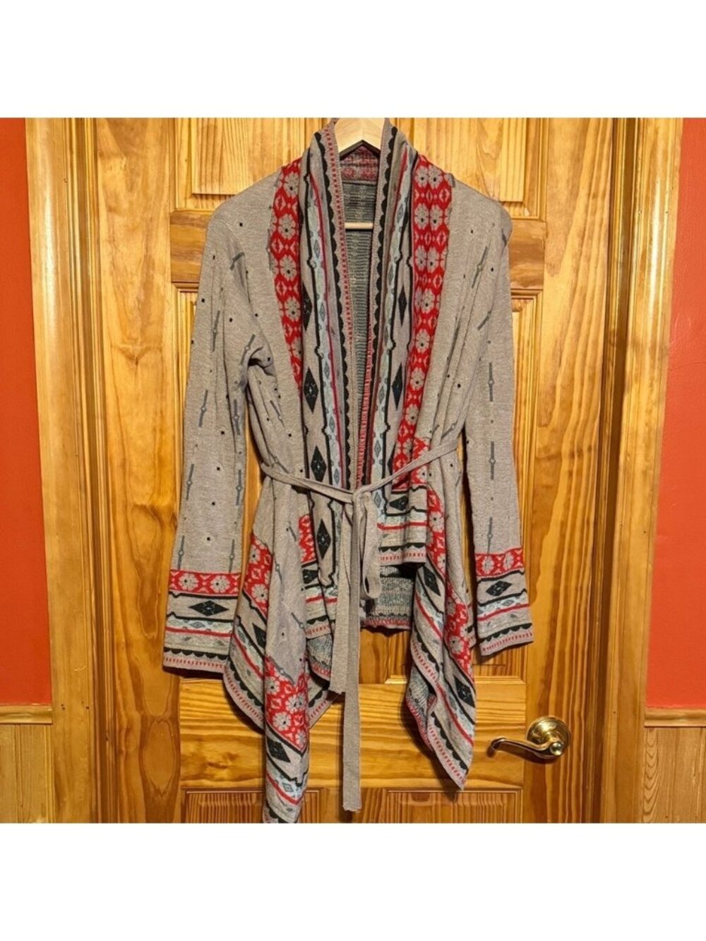 Freeway Tan  and Red Patterned Cardigan